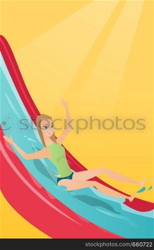 Young caucasian white woman riding down a waterslide in aquapark. Woman having fun on a water slide in waterpark. Cheerful woman going down a water slide. Vector cartoon illustration. Vertical layout.. Young caucasian woman riding down a waterslide.