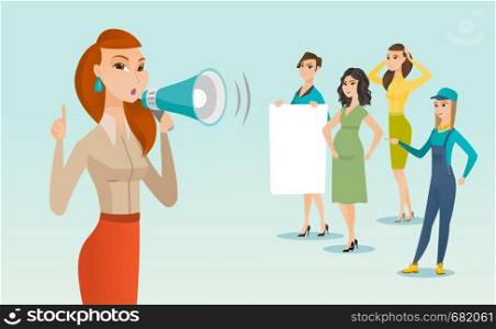 Young caucasian white woman shouting into a loudspeaker at a feminist protest action in a crowd of women - woman with a poster, pregnant woman, female worker in overalls. Vector cartoon illustration.. Caucasian white feminist shouting into loudspeaker