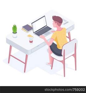Young caucasian white woman sitting at the desk in modern openspace office. Employee working on a laptop at her workplace. Freelance concept. Vector cartoon isometric illustration on white background.. Young caucasian woman working in modern office.