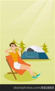 Young caucasian white woman sitting in a chair on the background of camping with a tent. Satisfied woman relaxing and enjoying her vacation in the camping. Vector cartoon illustration. Vertical layout. Woman sitting in a folding chair in the camping.