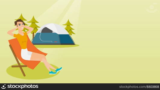 Young caucasian white woman sitting in a chair on the background of camping with tent. Satisfied woman relaxing and enjoying her vacation in the camping. Vector cartoon illustration. Horizontal layout. Woman sitting in a folding chair in the camping.