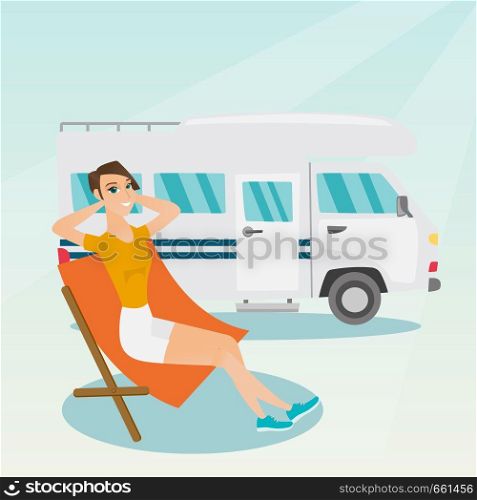 Young caucasian white woman sitting in a folding chair and giving thumb up on the background of camper van. Smiling woman enjoying vacation in a camper van. Vector cartoon illustration. Square layout.. Woman sitting in a chair in front of camper van.