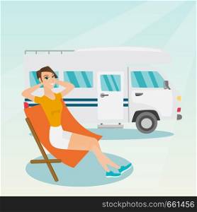 Young caucasian white woman sitting in a folding chair and giving thumb up on the background of camper van. Smiling woman enjoying vacation in a camper van. Vector cartoon illustration. Square layout.. Woman sitting in a chair in front of camper van.