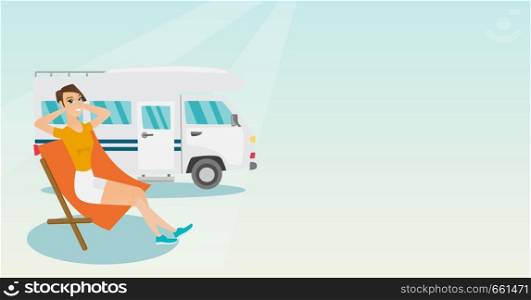 Young caucasian white woman sitting in a folding chair and giving thumb up on the background of camper van. Happy woman enjoying vacation in camper van. Vector cartoon illustration. Horizontal layout.. Woman sitting in a chair in front of camper van.