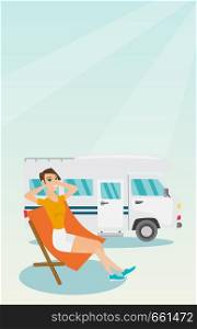 Young caucasian white woman sitting in a folding chair and giving thumb up on the background of camper van. Happy woman enjoying vacation in a camper van. Vector cartoon illustration. Vertical layout.. Woman sitting in a chair in front of camper van.
