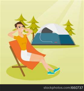 Young caucasian white woman sitting in a folding chair on the background of camping with a tent. Satisfied woman enjoying her vacation in the camping. Vector cartoon illustration. Square layout.. Woman sitting in a folding chair in the camping.