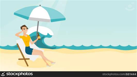 Young caucasian white woman sitting on a chaise-longue on the beach. Happy smiling woman relaxing on a chaise-longue and drinking beer. Vector cartoon illustration. Horizontal layout.. Caucasian woman relaxing on a chaise-longue.