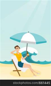 Young caucasian white woman sitting on a chaise-longue on the beach. Happy smiling woman relaxing on a chaise-longue and drinking beer. Vector cartoon illustration. Vertical layout.. Caucasian woman relaxing on a chaise-longue.