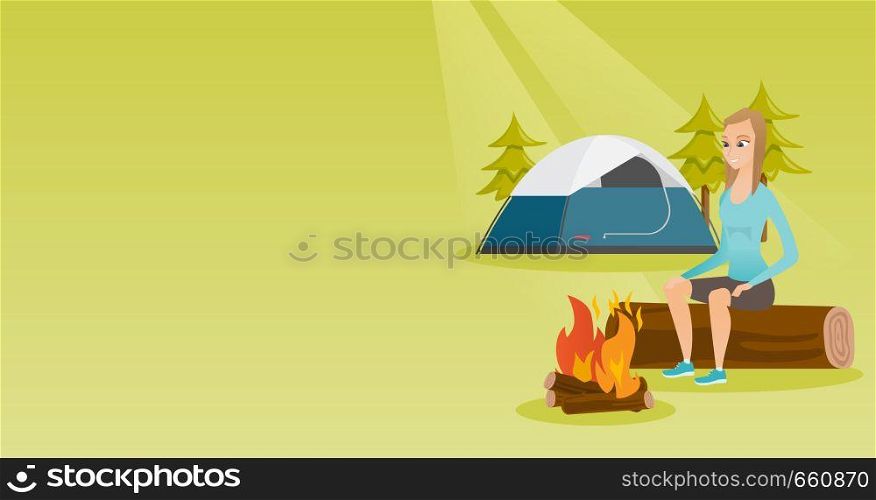 Young caucasian white woman sitting on a log near campfire on the background of camping site. Travelling woman resting near campfire in the campsite. Vector cartoon illustration. Horizontal layout.. Woman sitting on log near campfire in the camping.