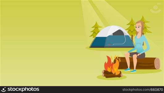 Young caucasian white woman sitting on a log near campfire on the background of camping site. Travelling woman resting near campfire in the campsite. Vector cartoon illustration. Horizontal layout.. Woman sitting on log near campfire in the camping.
