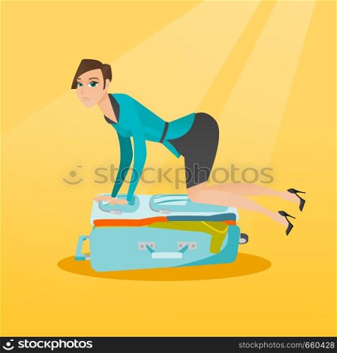 Young caucasian white woman sitting on a suitcase and trying to close it. Frustrated woman having problems with packing a lot of clothes into a suitcase. Vector cartoon illustration. Square layout.. Young caucasian woman trying to close suitcase.