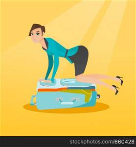 Young caucasian white woman sitting on a suitcase and trying to close it. Frustrated woman having problems with packing a lot of clothes into a suitcase. Vector cartoon illustration. Square layout.. Young caucasian woman trying to close suitcase.