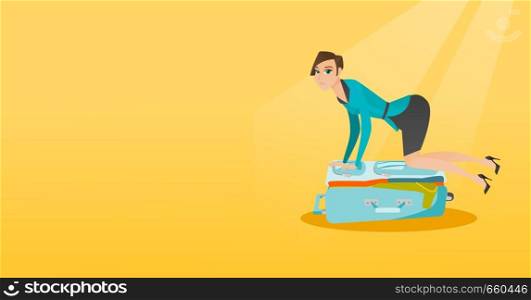 Young caucasian white woman sitting on a suitcase and trying to close it. Frustrated woman having problems with packing a lot of clothes into a suitcase. Vector cartoon illustration. Horizontal layout. Young caucasian woman trying to close suitcase.