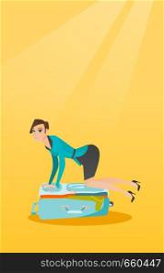 Young caucasian white woman sitting on a suitcase and trying to close it. Frustrated woman having problems with packing a lot of clothes into a suitcase. Vector cartoon illustration. Vertical layout.. Young caucasian woman trying to close suitcase.