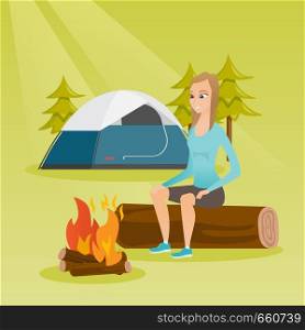 Young caucasian white woman sitting on log near campfire on the background of camping site with tent. Travelling woman resting near campfire in the campsite. Vector cartoon illustration. Square layout. Woman sitting on log near campfire in the camping.