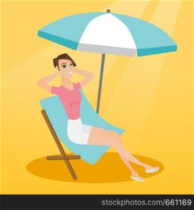 Young caucasian white woman sitting on the chaise-longue under beach umbrella. Happy woman resting on the chaise-longue with folded arms behind her head. Vector cartoon illustration. Square layout.. Young caucasian woman relaxing on the beach chair.