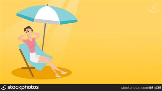 Young caucasian white woman sitting on the chaise-longue under beach umbrella. Happy woman resting on the chaise-longue with folded arms behind her head. Vector cartoon illustration. Horizontal layout. Young caucasian woman relaxing on the beach chair.