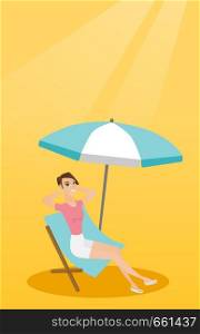 Young caucasian white woman sitting on the chaise-longue under beach umbrella. Happy woman resting on the chaise-longue with folded arms behind her head. Vector cartoon illustration. Vertical layout.. Young caucasian woman relaxing on the beach chair.