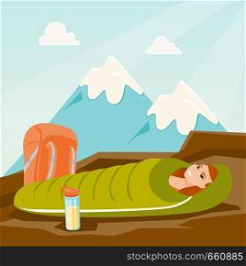 Young caucasian white woman sleeping in a sleeping bag during a hike in the mountains. Smiling woman laying on the ground wrapped up in a mummy sleeping bag. Vector cartoon illustration. Square layout. Woman sleeping in a sleeping bag in the mountains.