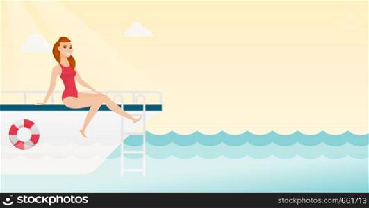 Young caucasian white woman tanning on the front of the yacht. Happy woman travelling by yacht. Woman resting during summer trip on the yacht. Vector cartoon illustration. Horizontal layout.. Young caucasian woman tanning on the yacht.