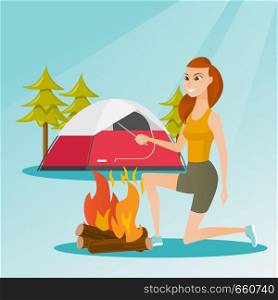 Young caucasian white woman with a wooden stick in his hand sitting near the campfire and enjoying the atmosphere. Smiling woman making the campfire. Vector cartoon illustration. Square layout.. Young caucasian white woman making the campfire.