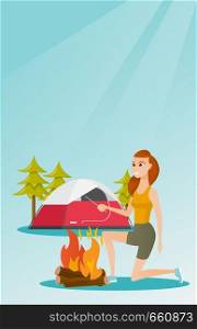 Young caucasian white woman with a wooden stick in his hand sitting near the campfire and enjoying the atmosphere. Smiling woman making the campfire. Vector cartoon illustration. Vertical layout.. Young caucasian white woman making the campfire.