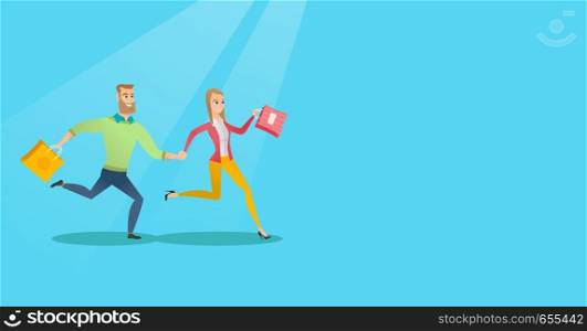 Young caucasian woman and man rushing to promotion and sale in the shop. Cheerful woman and man running in a hurry to the store on seasonal sale. Vector flat design illustration. Horizontal layout.. People running in a hurry to the store on sale.