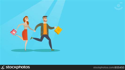 Young caucasian woman and man rushing to promotion and sale in the shop. Cheerful woman and man running in a hurry to the store on seasonal sale. Vector flat design illustration. Horizontal layout.. People running in a hurry to the store on sale.