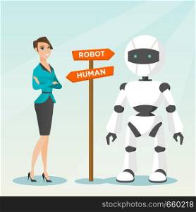Young caucasian woman and robot standing at road sign with two pathways - human and robot. Concept of choice between artificial intelligence and human. Vector cartoon illustration. Square layout.. Choice between artificial intelligence and human.
