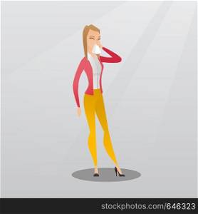 Young caucasian woman blowing her nose to a paper napkin. Sick woman sneezing. Unwell woman having an allergy and blowing her nose to a tissue. Vector flat design illustration. Square layout.. Young caucasian sick woman sneezing.
