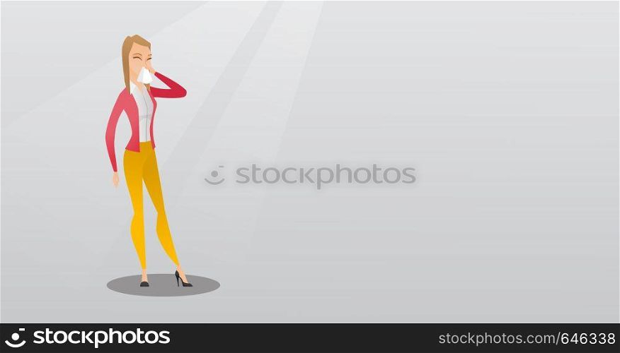 Young caucasian woman blowing her nose to a paper napkin. Sick woman sneezing. Unwell woman having an allergy and blowing her nose to a tissue. Vector flat design illustration. Horizontal layout.. Young caucasian sick woman sneezing.