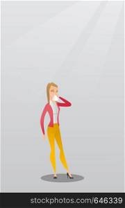 Young caucasian woman blowing her nose to a paper napkin. Sick woman sneezing. Unwell woman having an allergy and blowing her nose to a tissue. Vector flat design illustration. Vertical layout.. Young caucasian sick woman sneezing.