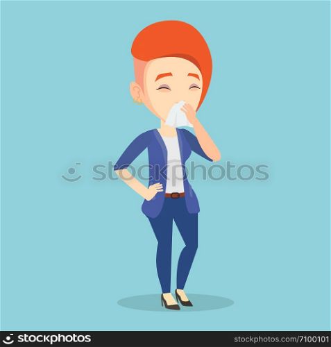 Young caucasian woman blowing her nose to paper napkin. Sick woman sneezing. Unwell woman having an allergy and blowing her nose to a tissue. Vector flat design illustration. Square layout.. Young caucasian sick woman sneezing.