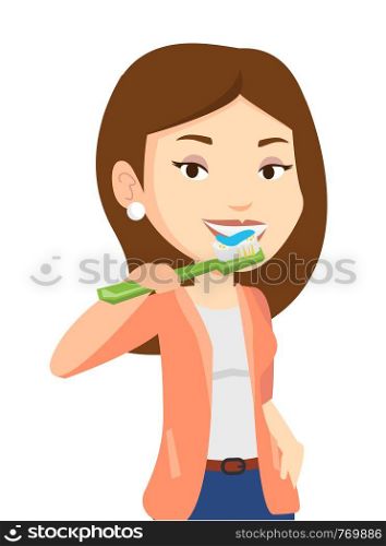 Young caucasian woman brushing her teeth. Smiling woman cleaning teeth. Woman taking care of her teeth. Happy girl with toothbrush in hand. Vector flat design illustration isolated on white background. Woman brushing her teeth vector illustration.