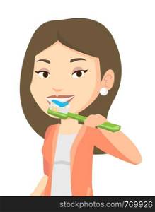Young caucasian woman brushing her teeth. Smiling woman cleaning teeth. Woman taking care of her teeth. Happy girl with toothbrush in hand. Vector flat design illustration isolated on white background. Woman brushing her teeth vector illustration.