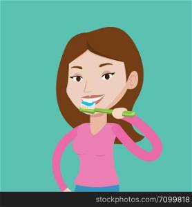 Young caucasian woman brushing her teeth. Smiling woman cleaning teeth. Woman with toothbrush in hand. Vector flat design illustration. Square layout.. Woman brushing her teeth vector illustration.