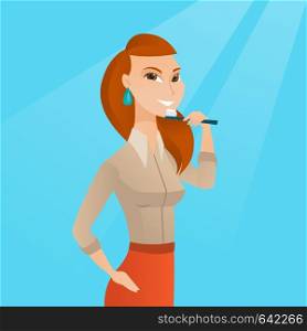 Young caucasian woman brushing teeth. Smiling woman cleaning teeth. Happy woman with a toothbrush in hand. Dentistry and tooth care concept. Vector flat design illustration. Square layout.. Woman brushing teeth vector illustration.