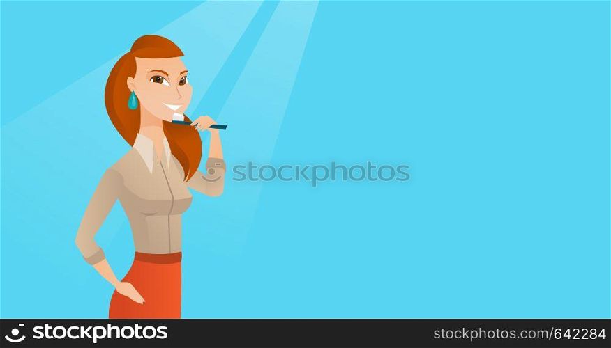 Young caucasian woman brushing teeth. Smiling woman cleaning teeth. Happy woman with a toothbrush in hand. Dentistry and tooth care concept. Vector flat design illustration. Horizontal layout.. Woman brushing teeth vector illustration.