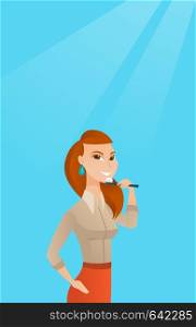Young caucasian woman brushing teeth. Smiling woman cleaning teeth. Happy woman with a toothbrush in hand. Dentistry and tooth care concept. Vector flat design illustration. Vertical layout.. Woman brushing teeth vector illustration.