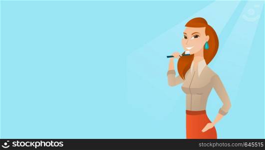 Young caucasian woman brushing teeth. Smiling woman cleaning teeth. Cheerful woman taking care of her teeth. Happy girl with a toothbrush in hand. Vector flat design illustration. Horizontal layout.. Woman brushing her teeth vector illustration.