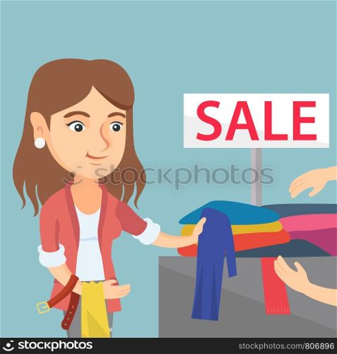 Young caucasian woman buying clothes in the store on sale. Woman choosing clothes in the shop on sale. Woman shopping in the clothing shop on sale. Vector cartoon illustration. Square layout.. Young woman choosing clothes in the shop on sale.