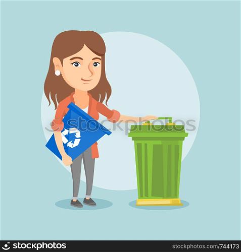 Young caucasian woman carrying a recycling bin. Smiling woman holding recycling bin while standing near a trash can. Concept of waste recycling. Vector cartoon illustration. Square layout.. Caucasian woman with recycle bin and trash can.
