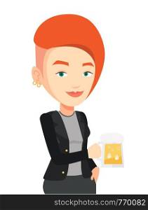 Young caucasian woman celebrating with beer. Smiling woman holding a big glass of beer. Full length of female beer fan. Vector flat design illustration isolated on white background.. Woman drinking beer vector illustration.