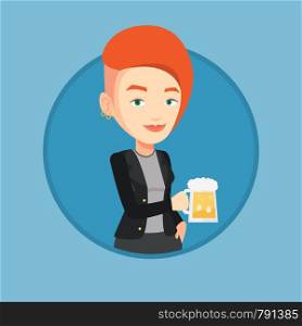 Young caucasian woman celebrating with beer. Smiling woman holding a big glass of beer. Full length of female beer fan. Vector flat design illustration in the circle isolated on background.. Woman drinking beer vector illustration.