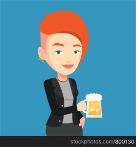 Young caucasian woman celebrating with beer. Smiling woman holding a big glass of beer. Full length of female beer fan. Vector flat design illustration. Square layout.. Woman drinking beer vector illustration.