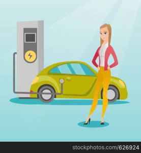 Young caucasian woman charging electric car at charging station. Woman standing near power supply for electric car charging. Charging of electric car. Vector flat design illustration. Square layout.. Charging of electric car vector illustration.