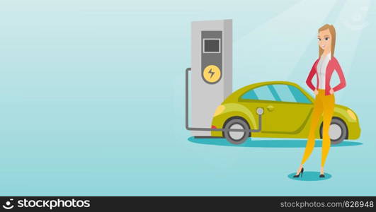 Young caucasian woman charging electric car at charging station. Girl standing near power supply for electric car charging. Charging of electric car. Vector flat design illustration. Horizontal layout. Charging of electric car vector illustration.