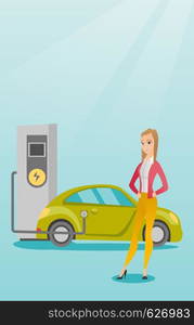 Young caucasian woman charging electric car at charging station. Woman standing near power supply for electric car charging. Charging of electric car. Vector flat design illustration. Vertical layout.. Charging of electric car vector illustration.