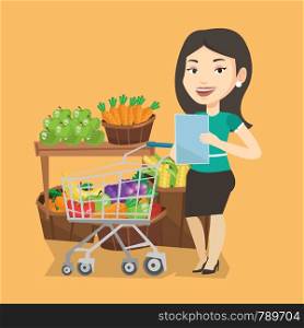 Young caucasian woman checking shopping list. Smiling woman holding shopping list near trolley with products. Happy woman writing in shopping list. Vector flat design illustration. Square layout.. Woman with shopping list vector illustration.