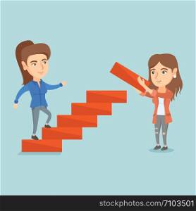 Young caucasian woman climbing up the career ladder while another woman builds this ladder. Concept of business career, promotion, partnership, teamwork. Vector cartoon illustration. Square layout.. Young business woman runs up the career ladder.